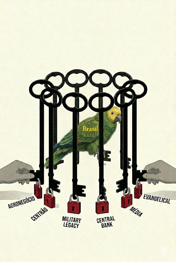 Six antique keys form a cage around a Brasil-labelled parrot — six padlocks mark each constraint